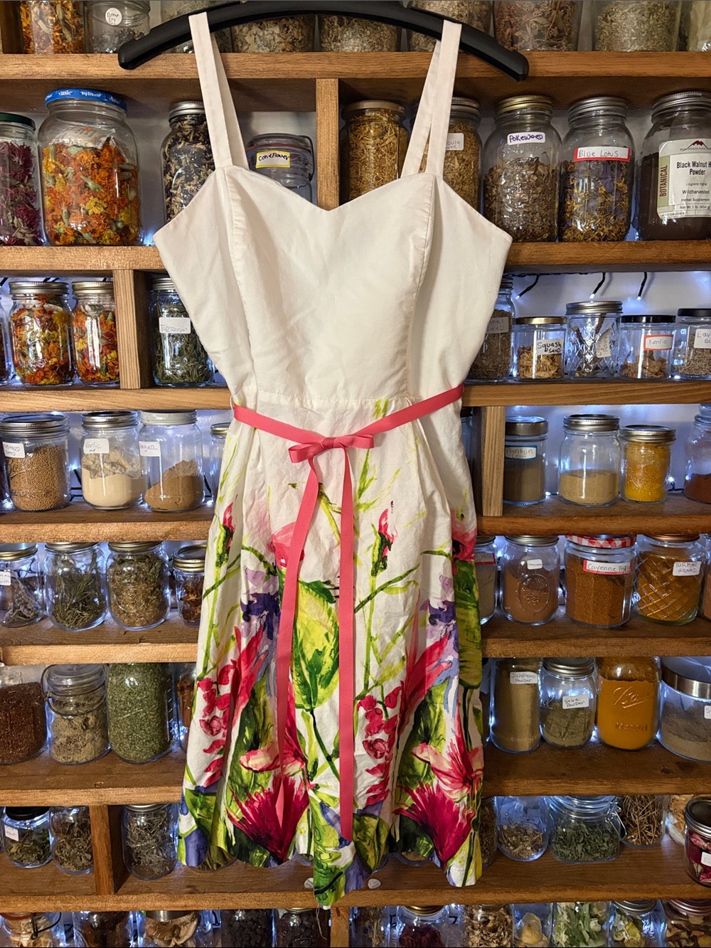 R&K Originals Floral A-Line Sundress White Pink Sz 14 Hot Pink Ribbon Belt